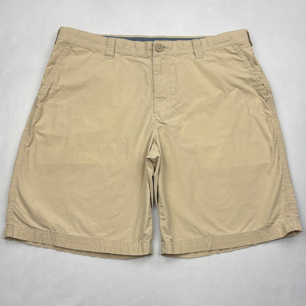 Columbia Washed Out Shorts Mens 38 Tan Khaki Flat Front Cotton Chino 10 Inseam
